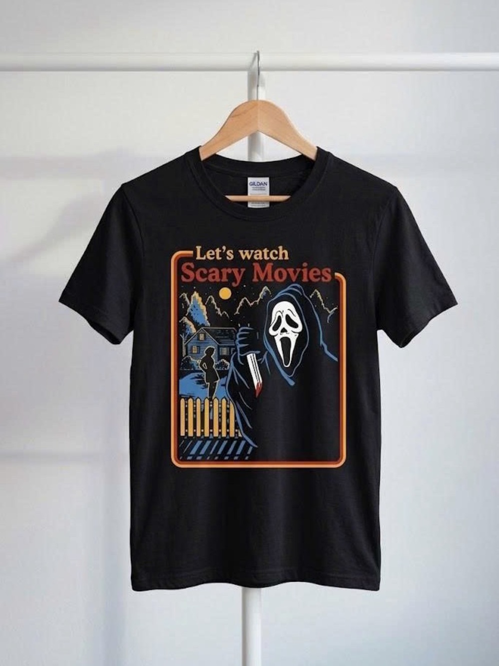 Lets Watch Scary Movies Graphic T-Shirt Retro Horror Ghostface Tee